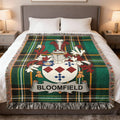 Bloomfield Irish family crest woven blanket with Irish tartan design and fringed edges