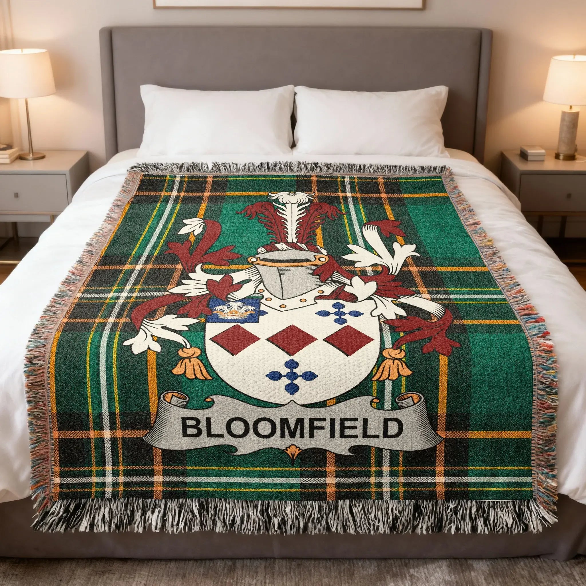 Bloomfield Irish family crest woven blanket with Irish tartan design and fringed edges