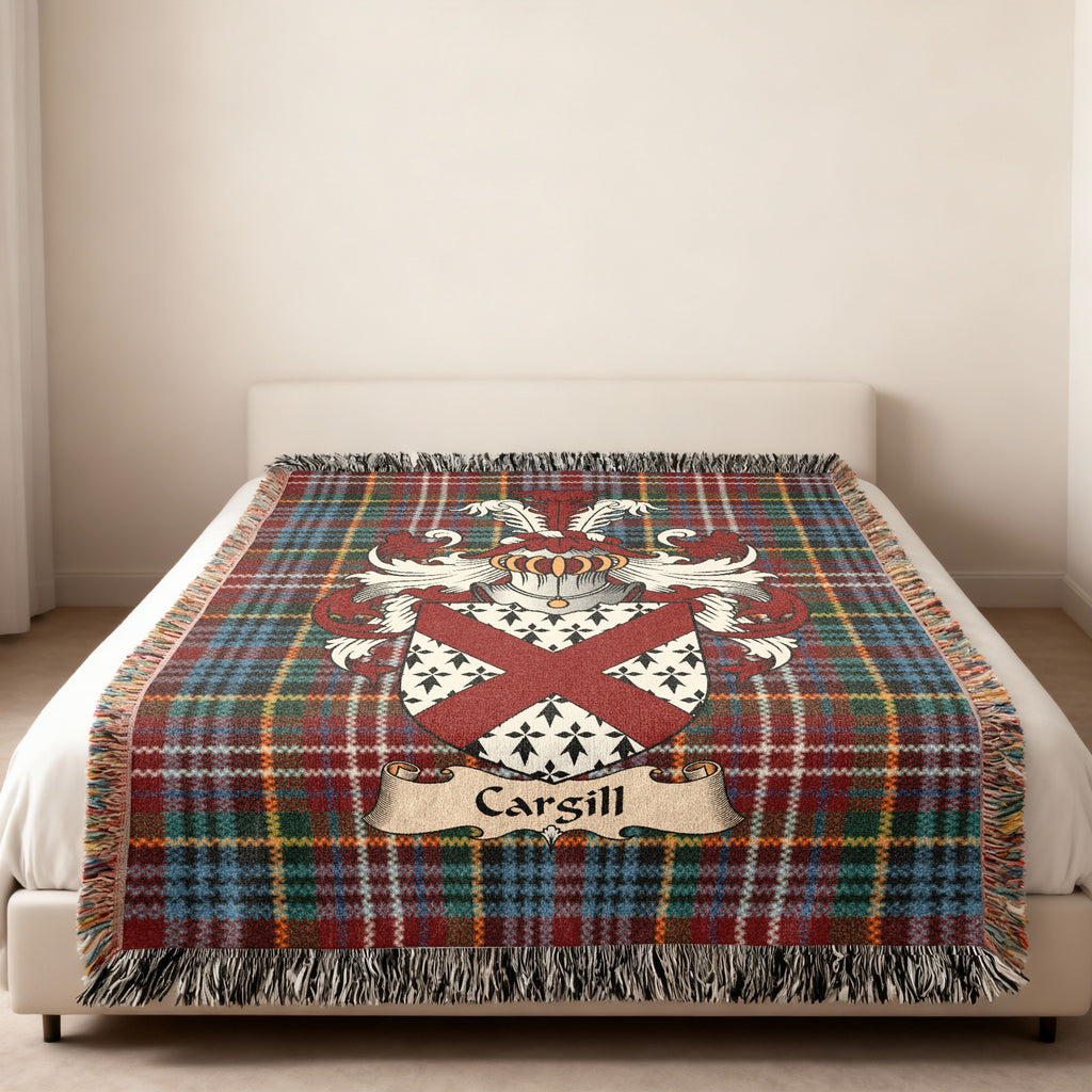 Cargill Scottish family shield woven blanket on a Caledonia tartan background