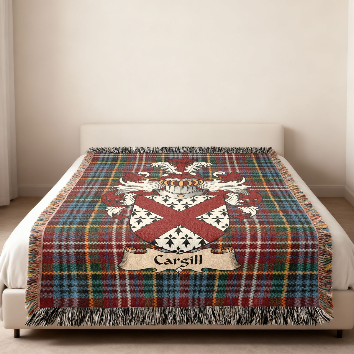 Cargill Scottish family shield woven blanket on a Caledonia tartan background