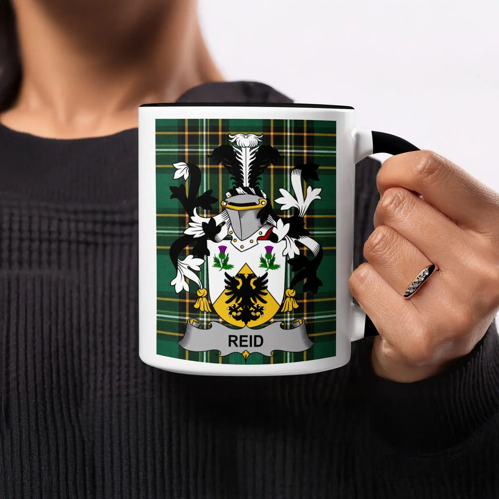 Clan Reid Scottish tartan plaid surname mug — 11 oz ceramic, black rim, Fortitudine et Labore