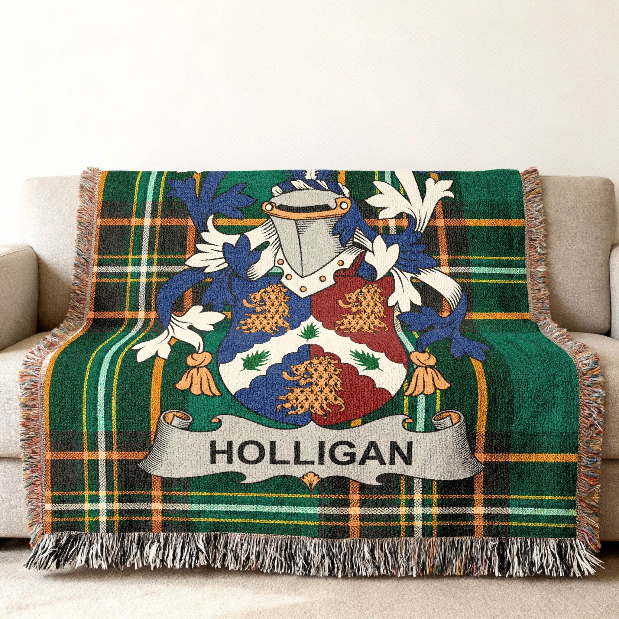 Green plaid throw blanket featuring the Holligan family crest.