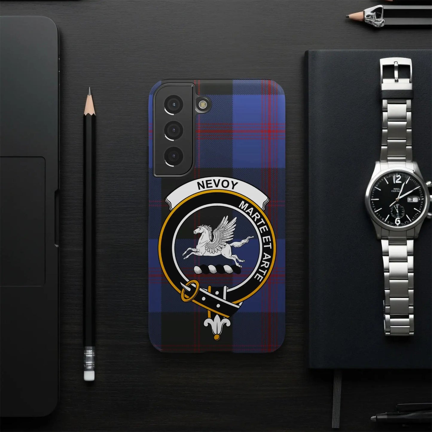 Blue Plaid Phone Case with Winged Horse Crest Design