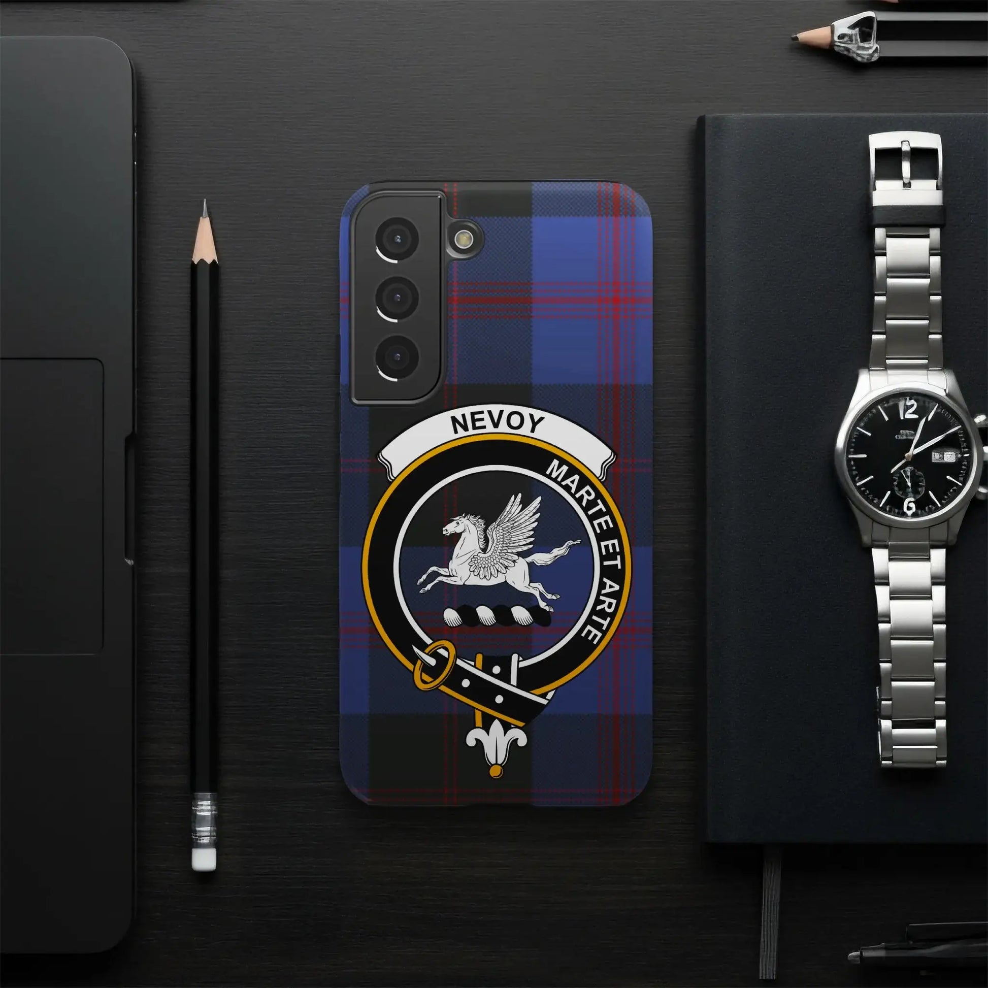 Blue Plaid Phone Case with Winged Horse Crest Design