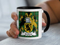 Jenkins Welsh coat of arms accent mug with black handle and family crest on Welsh National Tartan