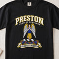 Preston Scottish clan T-shirt in Black, front view with a winged figure in blue and gold clothing and motto banner.