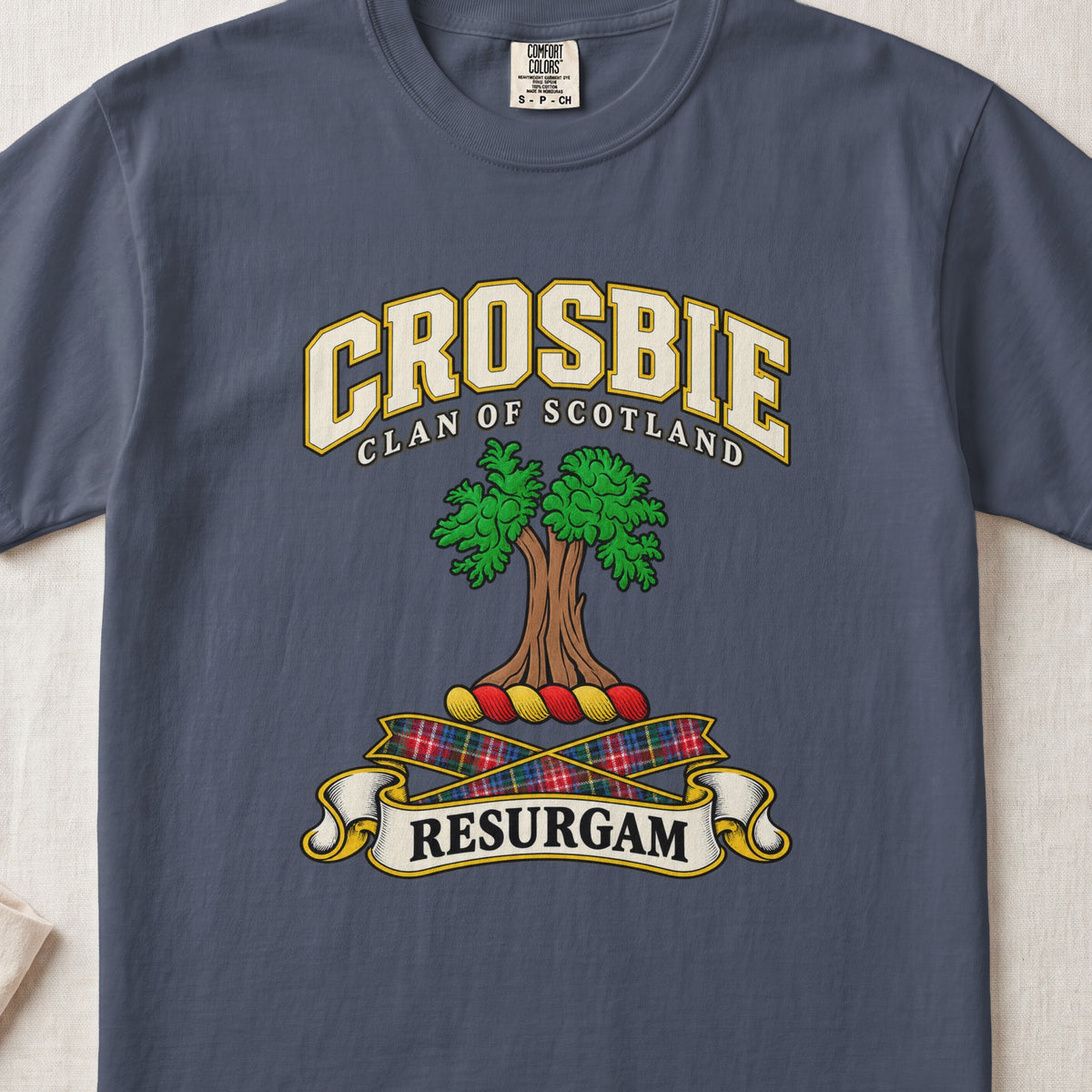 Crosbie Scottish clan T-shirt in Midnight, front view with a green tree and motto design.