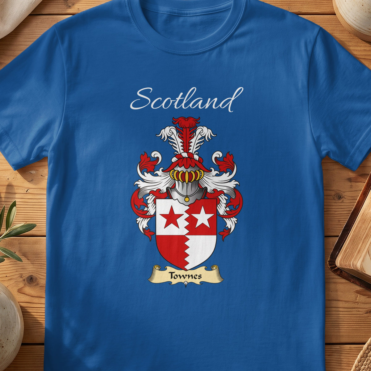 Royal blue Townes unisex heritage T-shirt with the family shield and surname design.