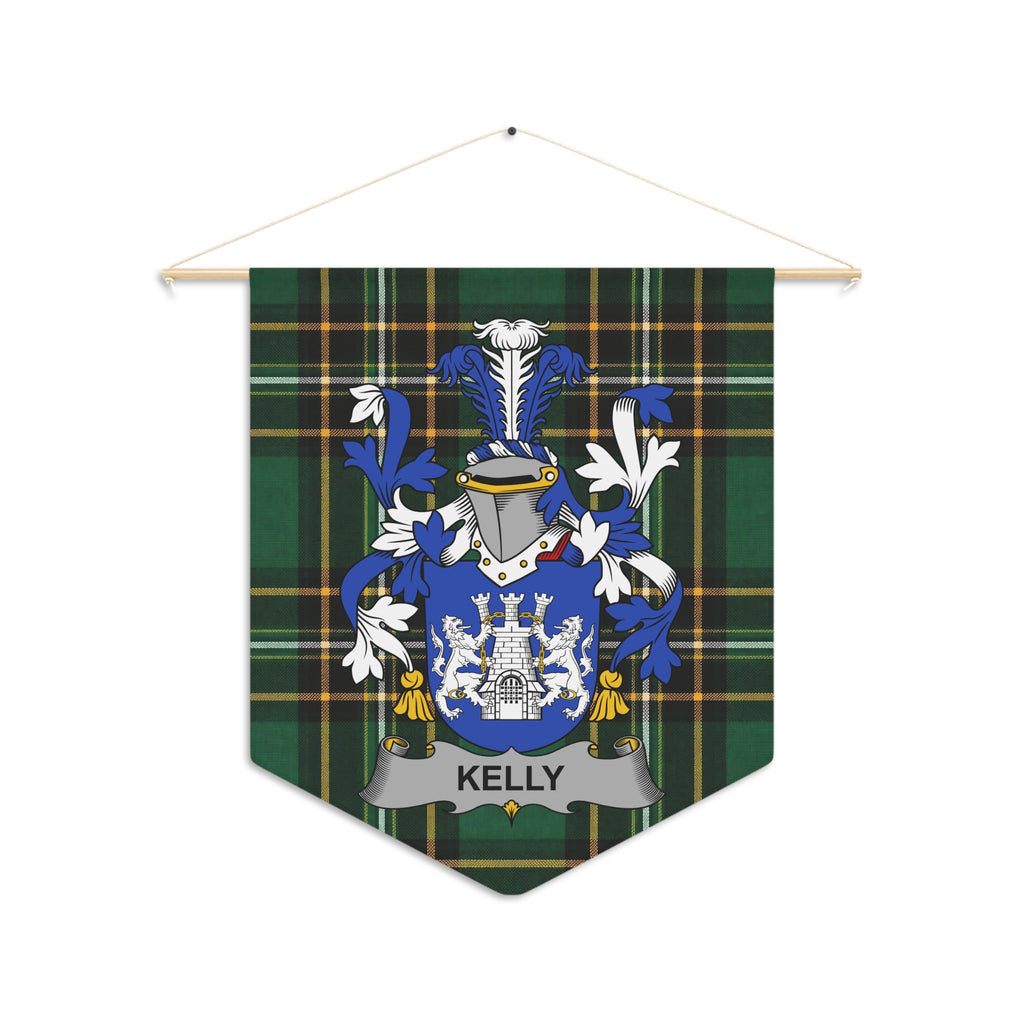 Kelly family crest pennant with green plaid background and silver ribbon.