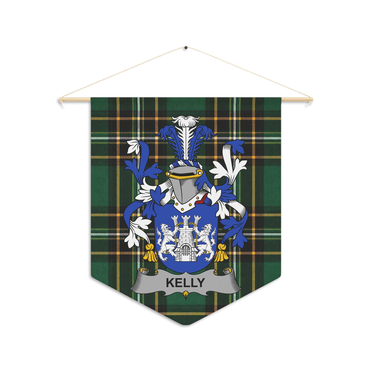 Kelly family crest pennant with green plaid background and silver ribbon.