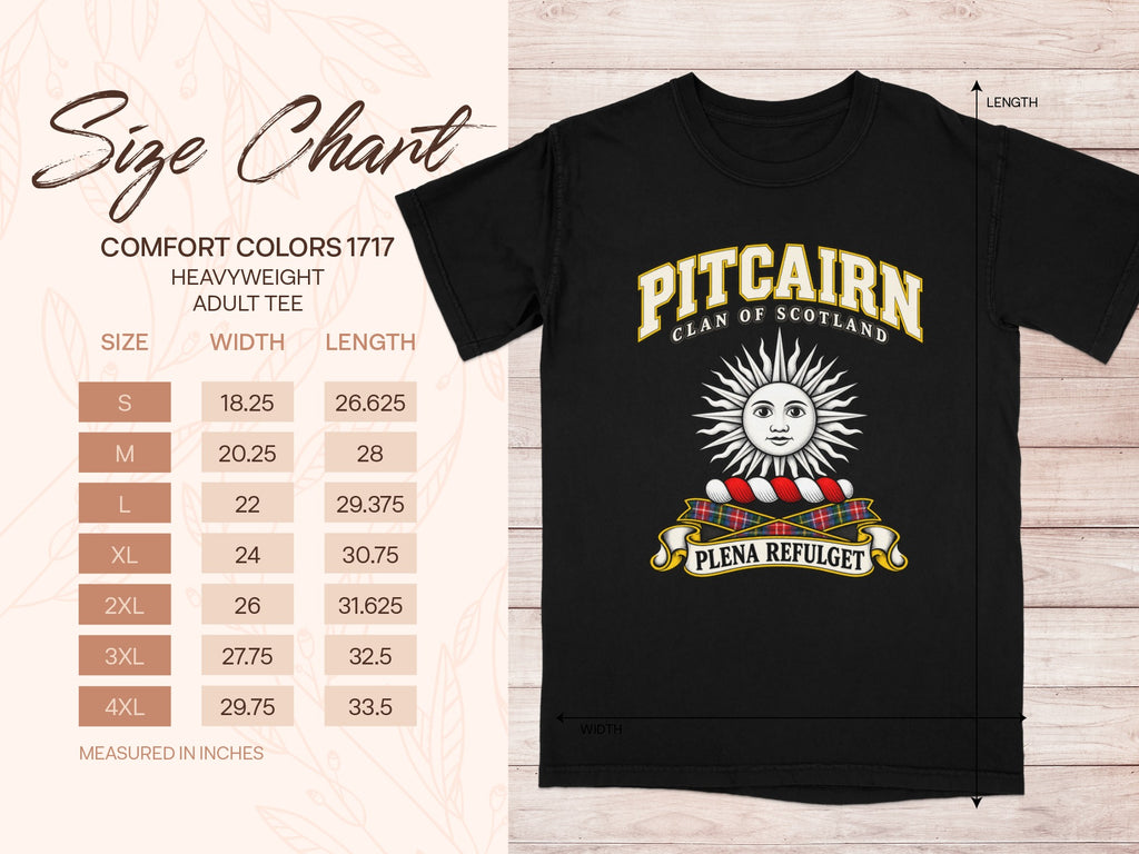 Comfort Colors 1717 size chart for the Pitcairn Scottish clan T-shirt, adult sizes S–4XL.
