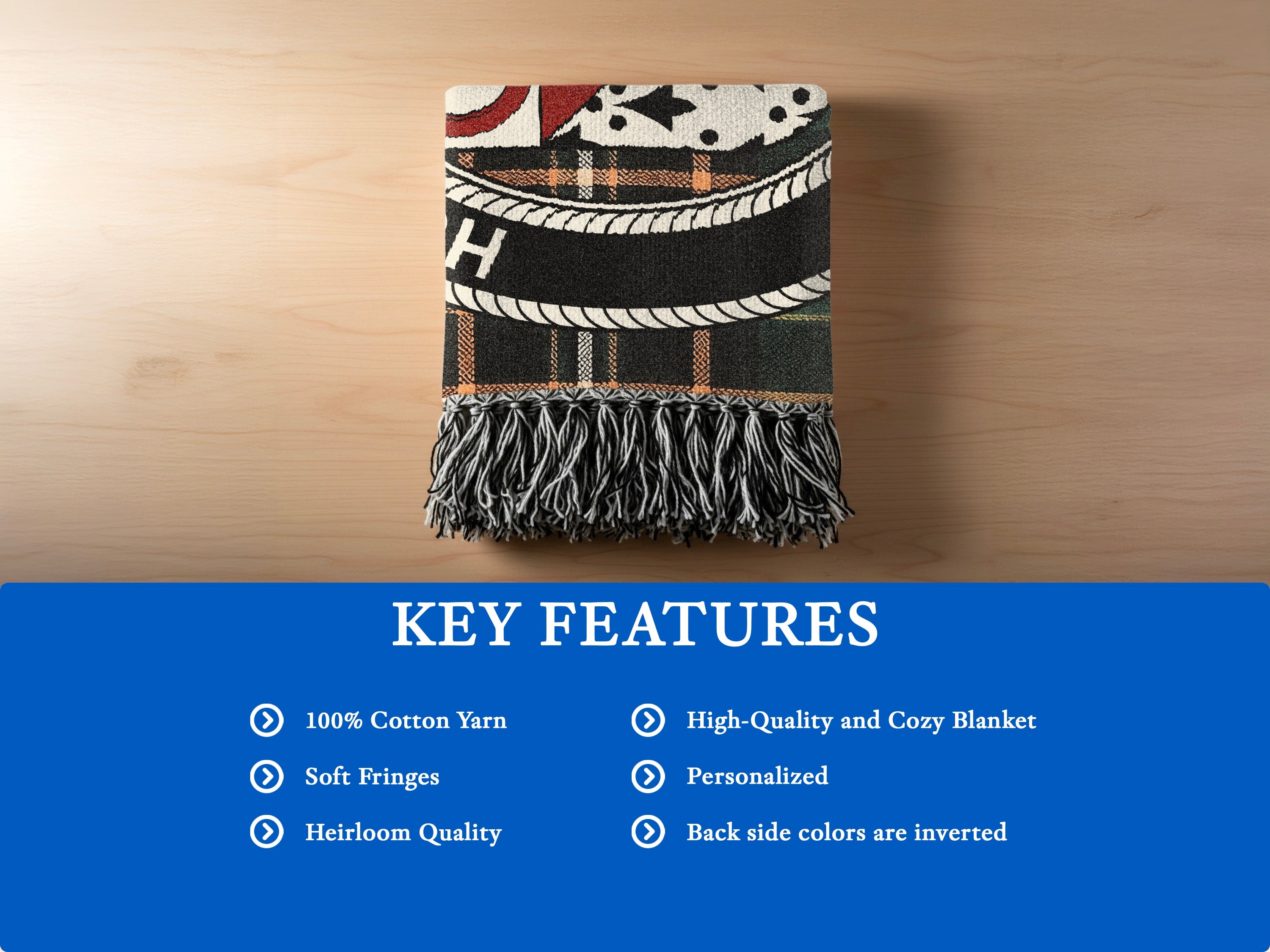 Fitzgibbon cotton woven blanket detail with decorative fringed edges