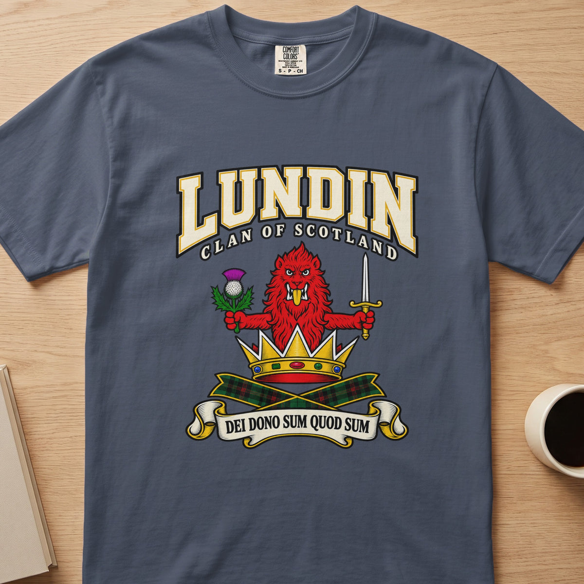 Lundin clan T-shirt in slate blue, front view with red lion with thistle and sword above a crown