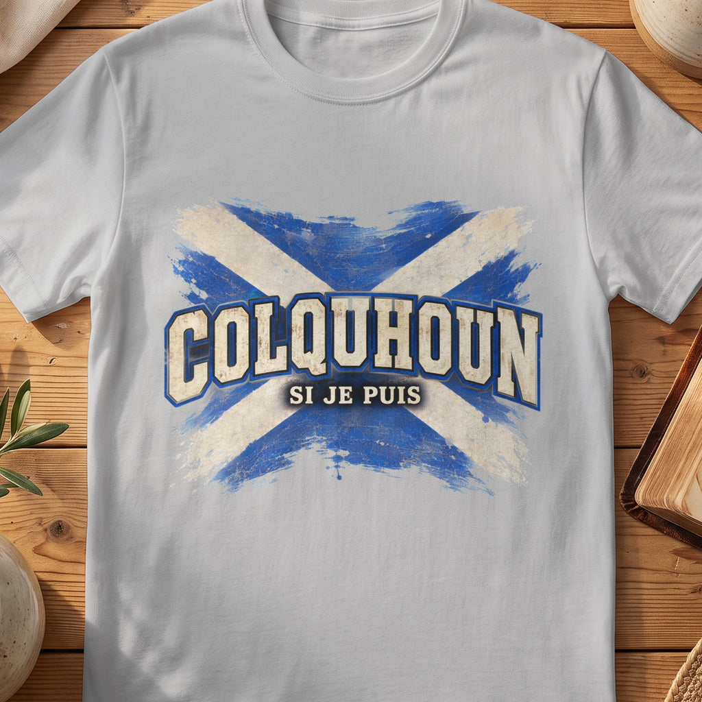 Colquhoun Scottish Saltire T-shirt in Sport Grey, with distressed blue and cream flag and “Si Je Puis” lettering.