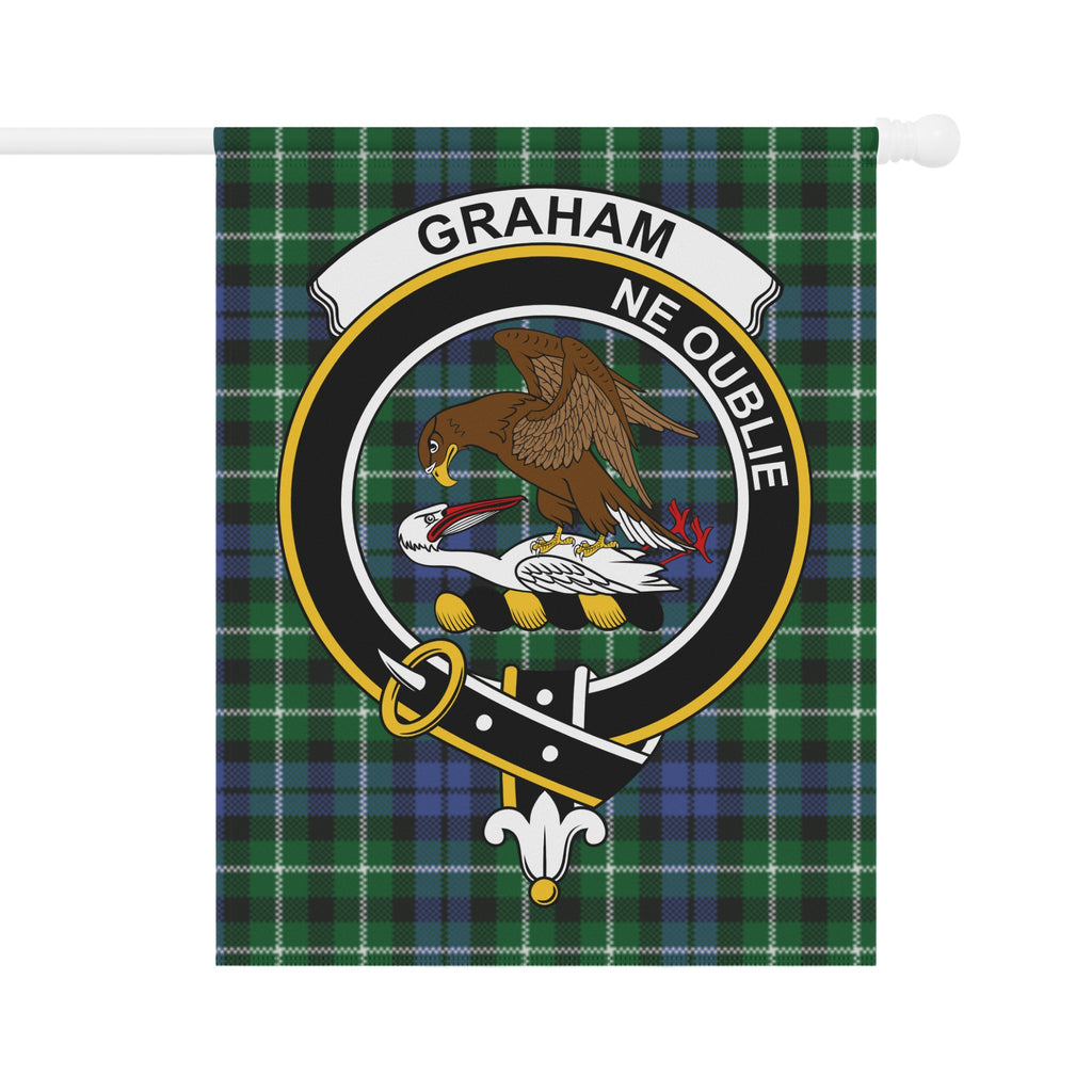 Graham green and blue tartan garden flag with crest and motto — full view