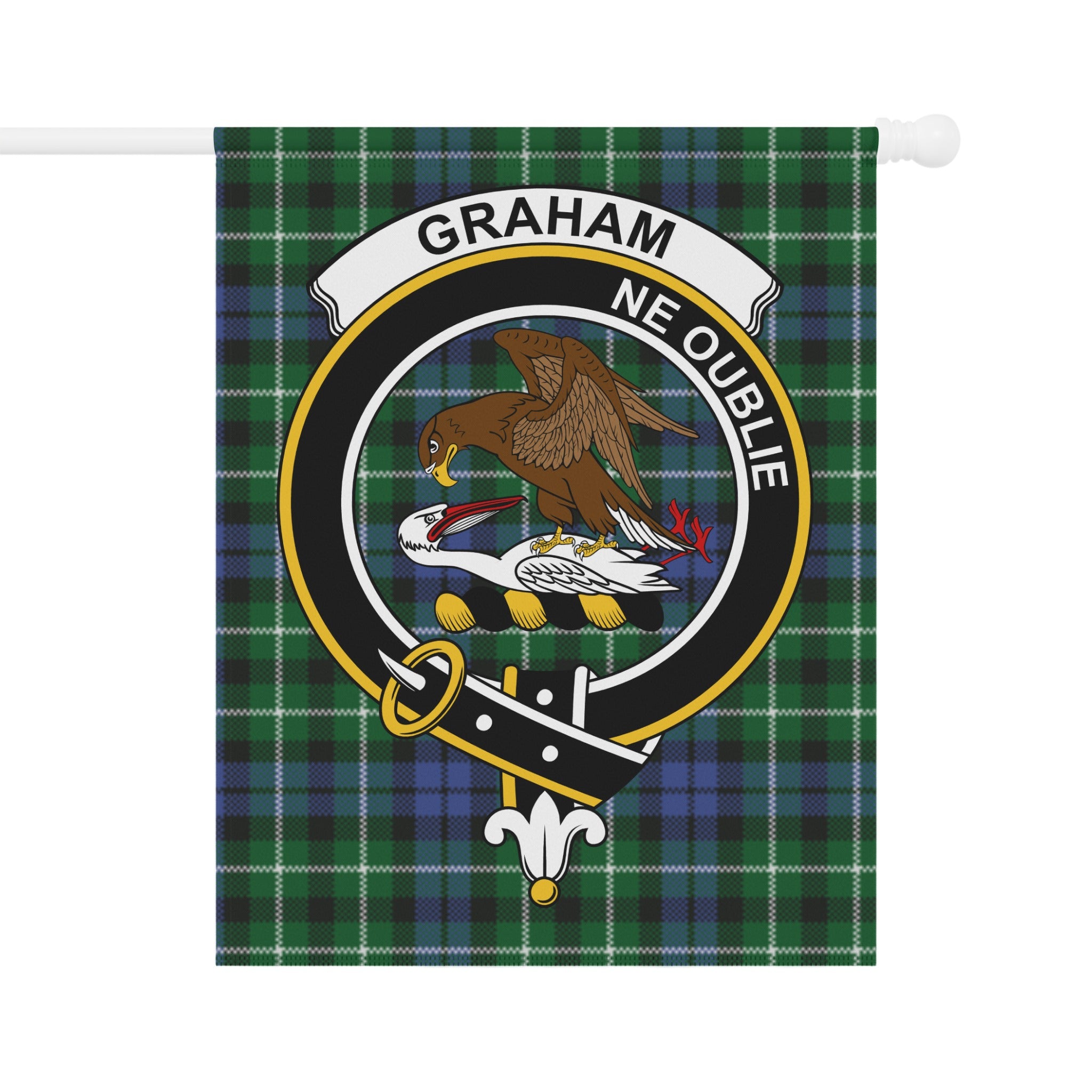 Graham green and blue tartan garden flag with crest and motto — full view