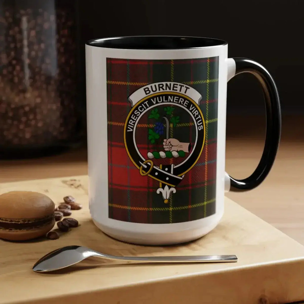 Burnett clan crest tartan accent mug — navy handle, 15 oz