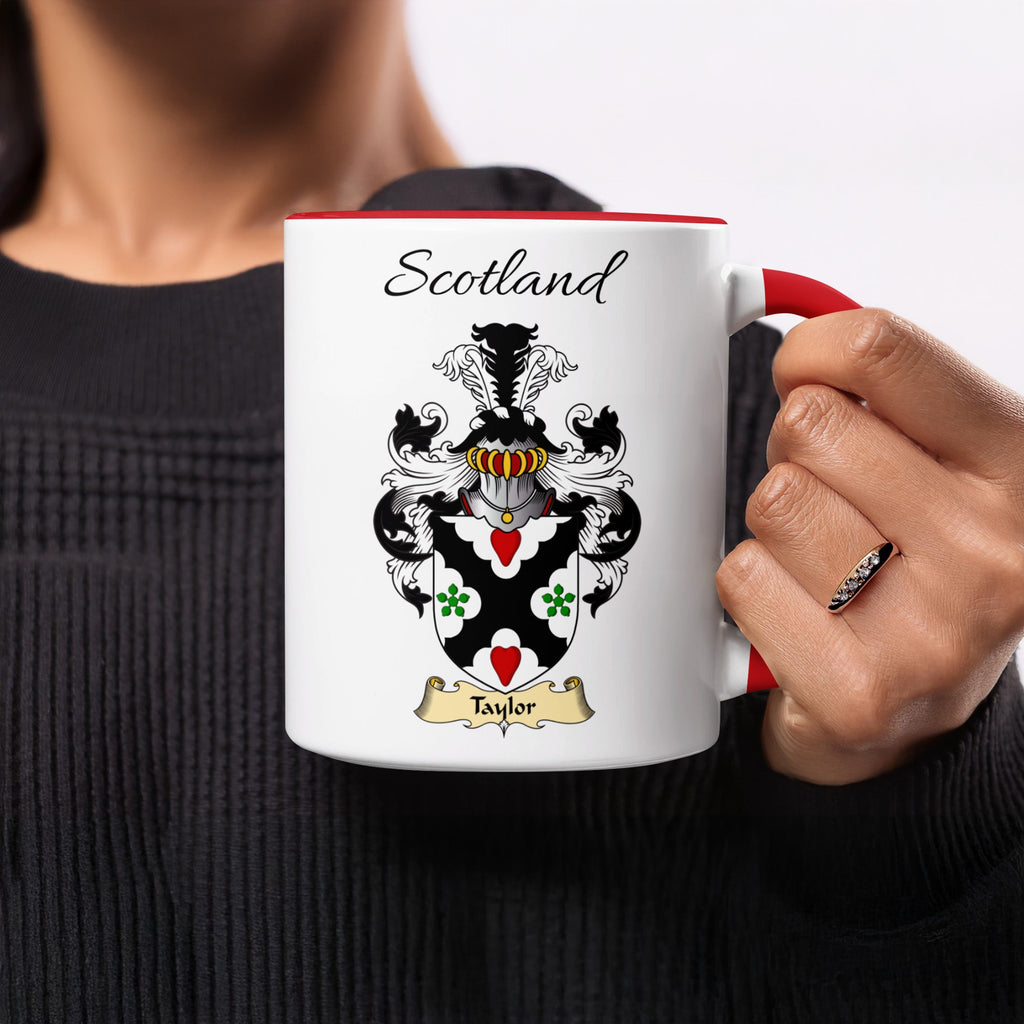 Taylor Scottish coat of arms on white 11 oz mug with red handle and interior