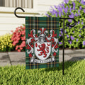 McKeogh Irish family crest garden flag on Irish National Tartan, garden view