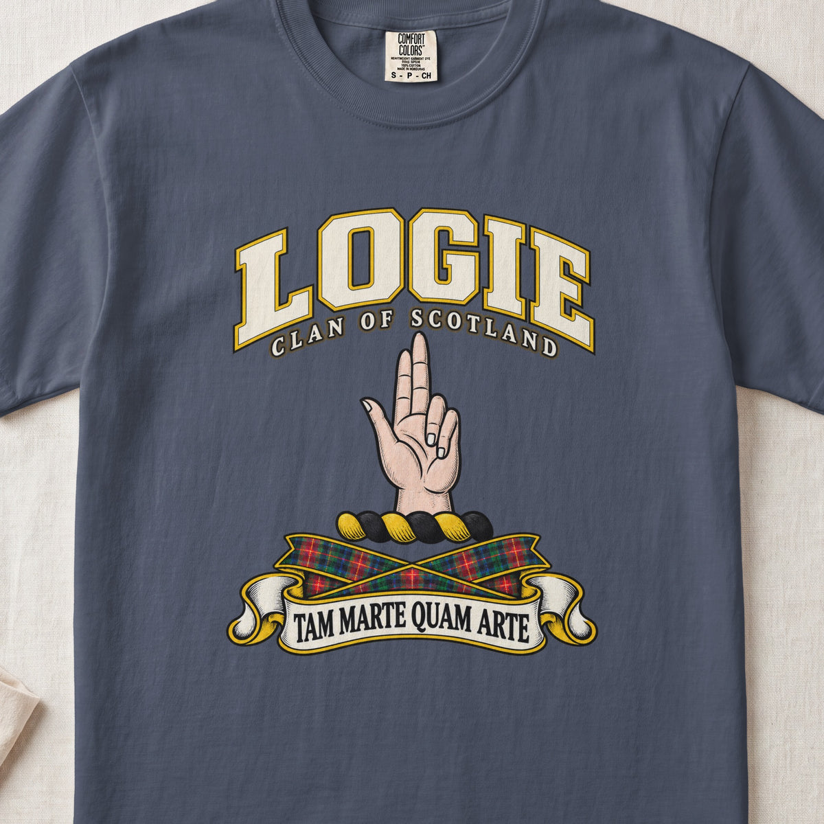 Logie Scottish clan T-shirt in Midnight, front view with a raised hand with two fingers extended and motto design.