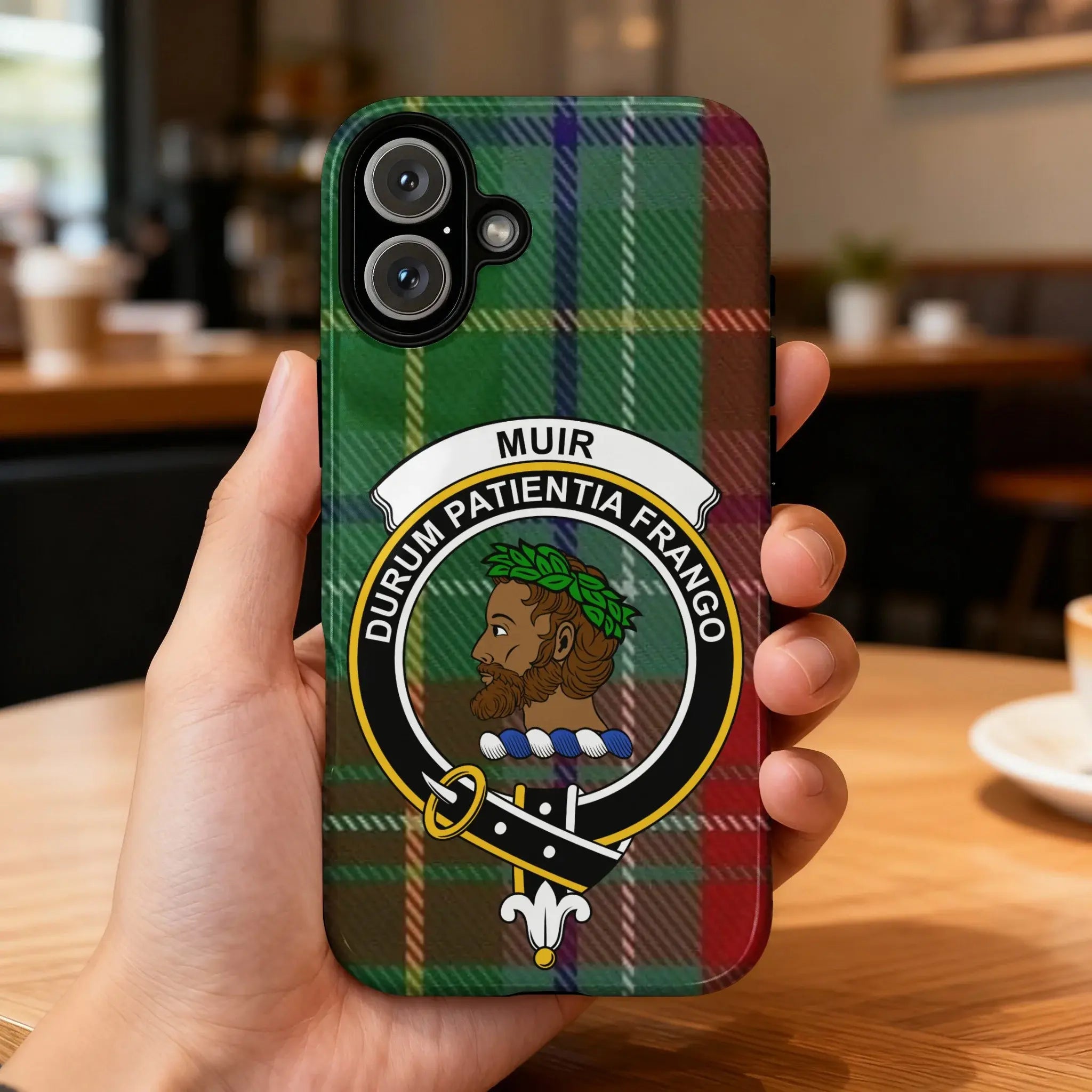 Clan Muir Durum Patientia Frango tartan phone case — glossy full-wrap print with clan crest on iPhone
