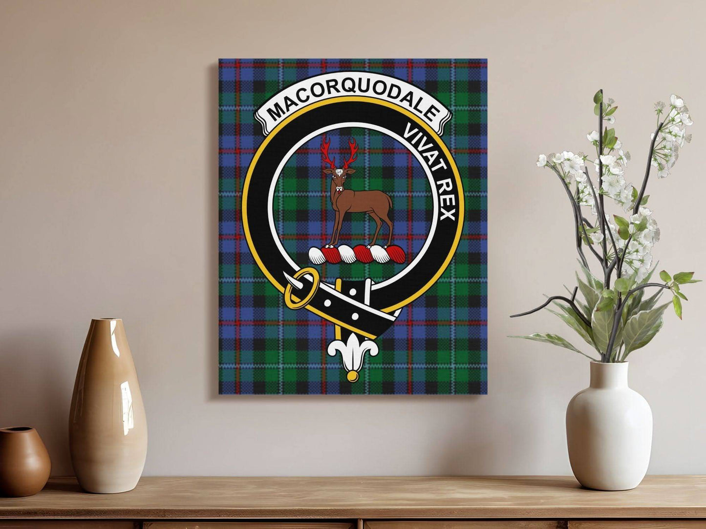 MacQuorquodale Crest Vivat Rex Scottish Tartan Canvas - Celtic Ancestry Gifts