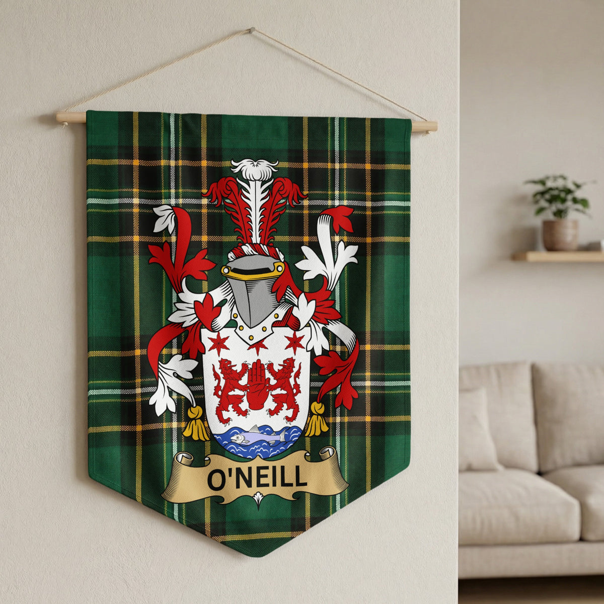 O'Neill family crest on a green tartan banner hanging on a wall.