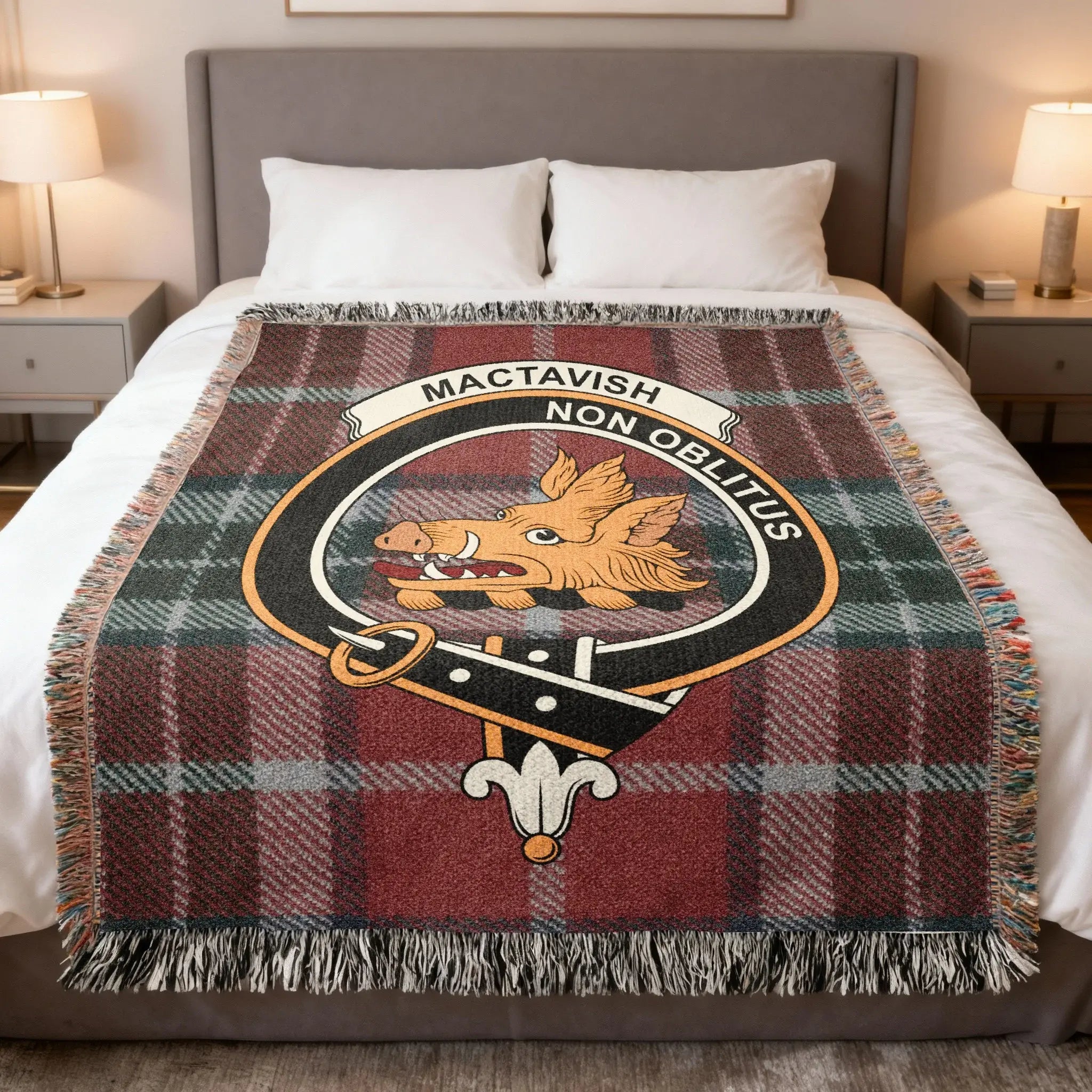 Clan MacTavish tartan woven blanket — cotton throw with Non Oblitus boar crest and plaid tartan detail