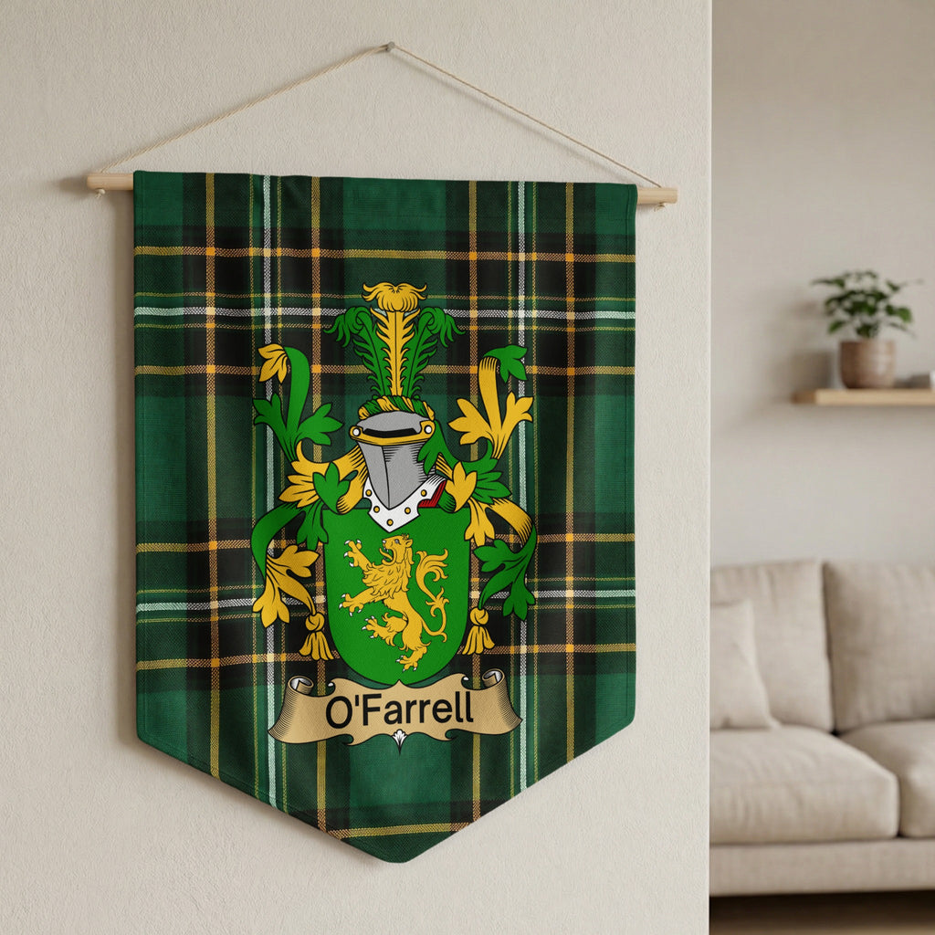 O'Farrell family crest on green tartan pennant hanging on wall