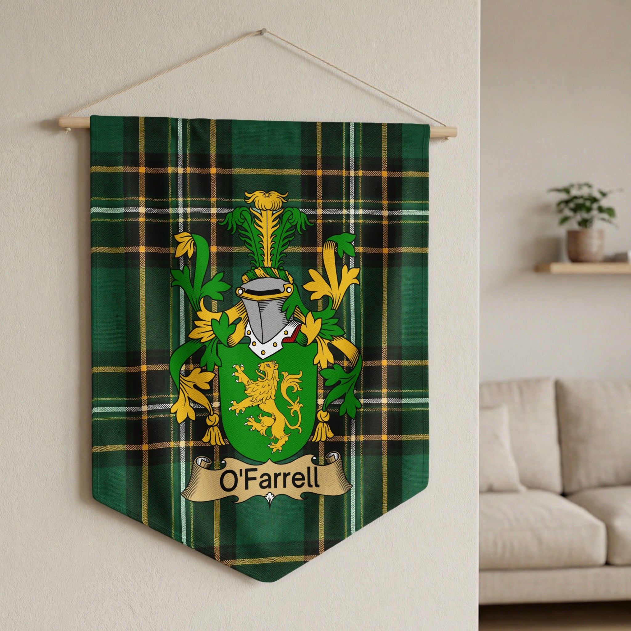 O'Farrell family crest on green tartan pennant hanging on wall