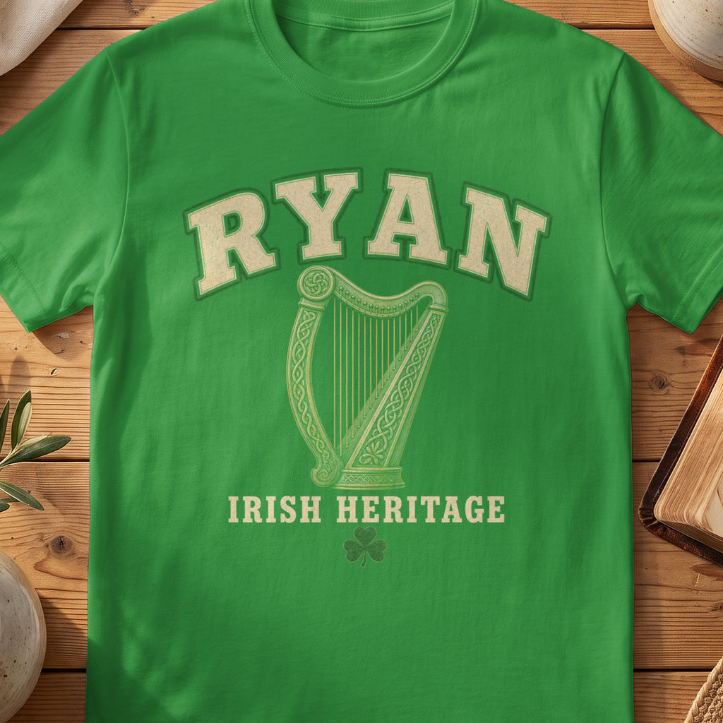 Ryan Irish harp T-shirt in Irish Green, with cream surname lettering, a gold-toned harp, green shamrock and “Irish Heritage” text.