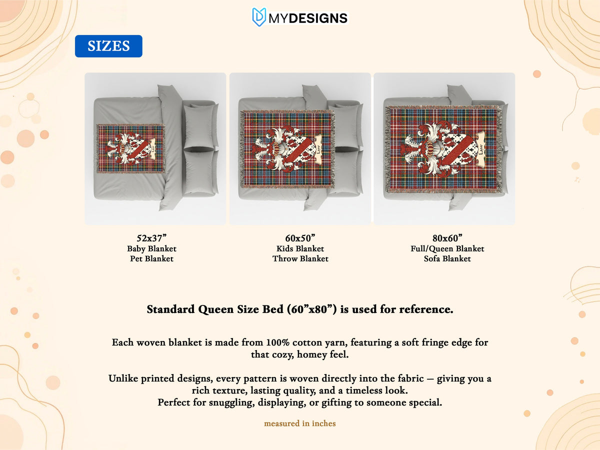 Size guide for Law Scottish family shield woven blanket on a Caledonia tartan background
