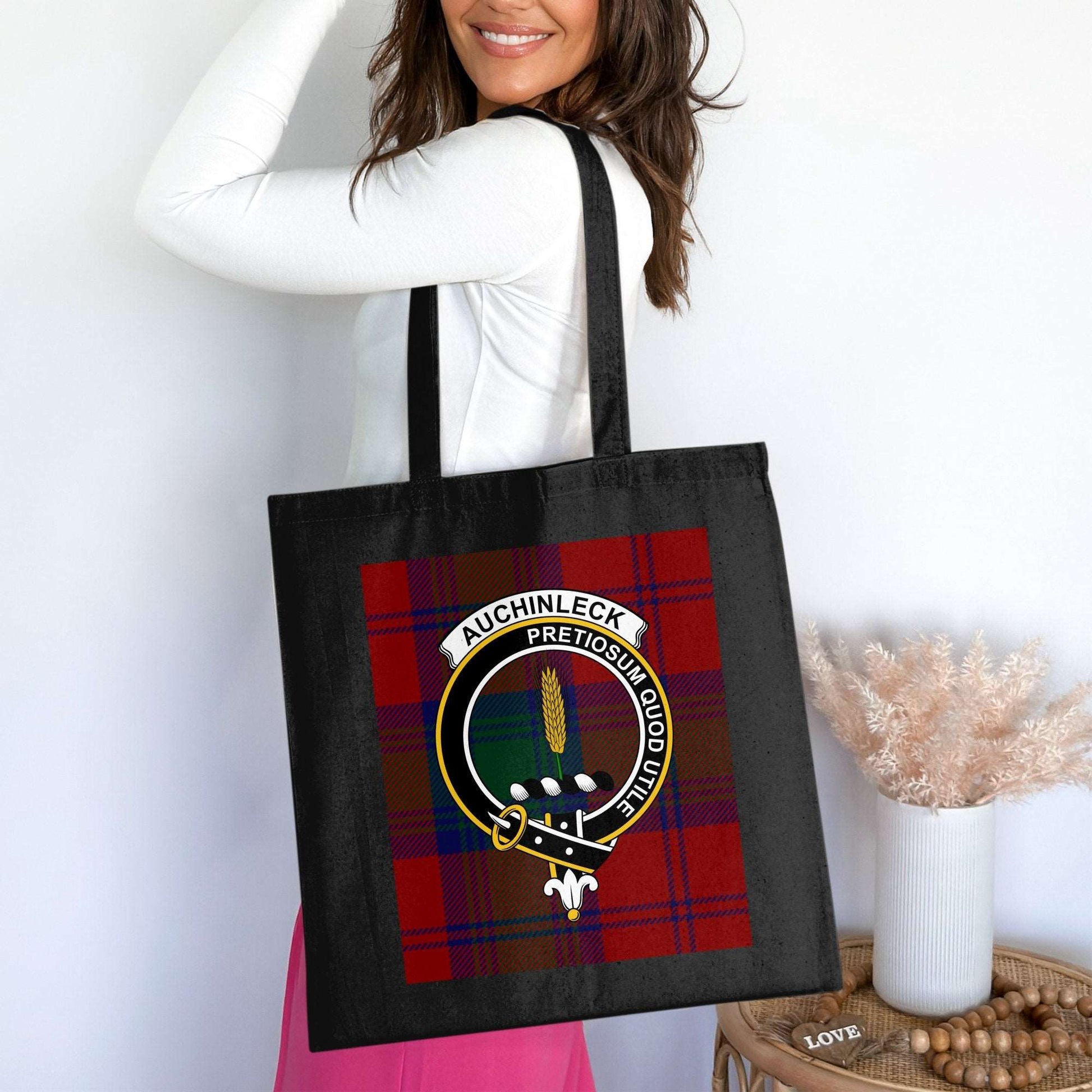 Auchinleck Clan Crest on Scottish Tartan Tote Bag - Living Stone Gifts