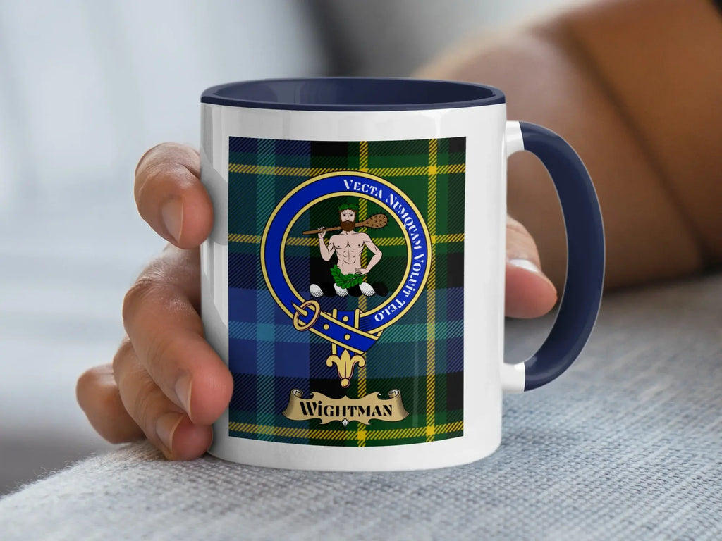 Wightman family crest coffee mug with a tartan-background design