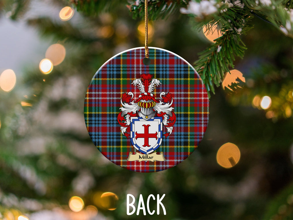 Millar ceramic ornament detail showing a double-sided family shield on a Caledonia tartan background
