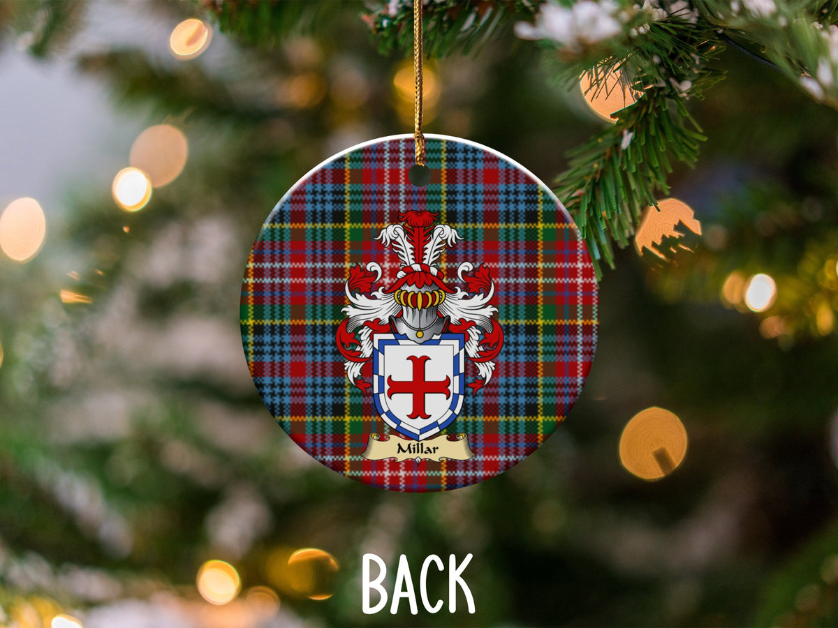 Millar ceramic ornament detail showing a double-sided family shield on a Caledonia tartan background