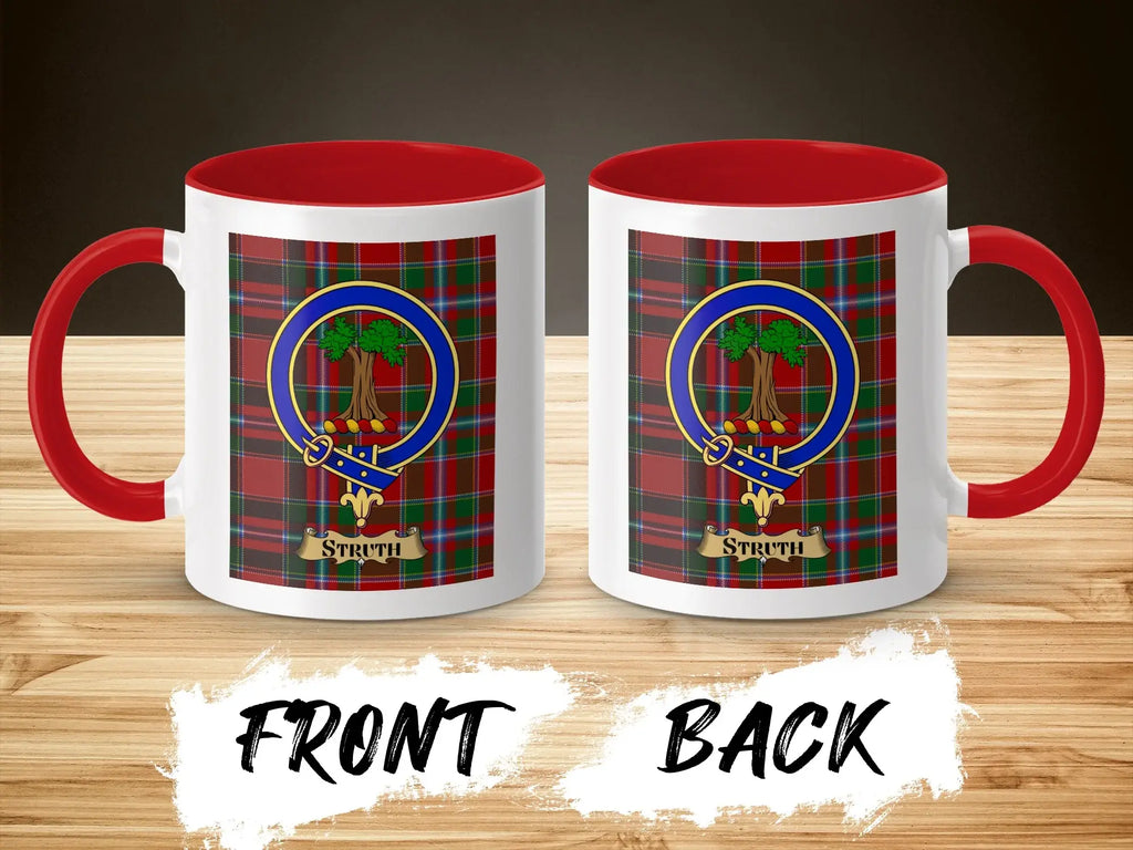 Struth tartan-background crest mug shown as a Scottish heritage gift