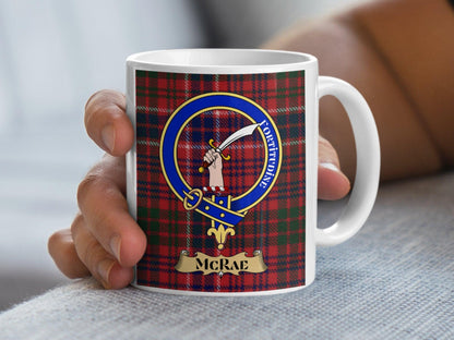 McRae Clan Crest Tartan Design Ceramic Coffee Mug - Living Stone Gifts