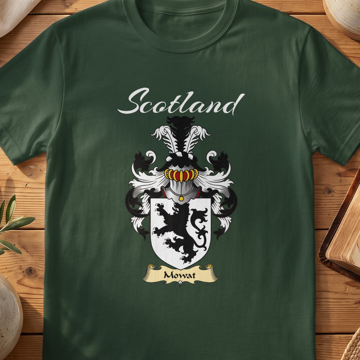Forest Green Mowat Scottish T-shirt featuring a black lion on a pale shield