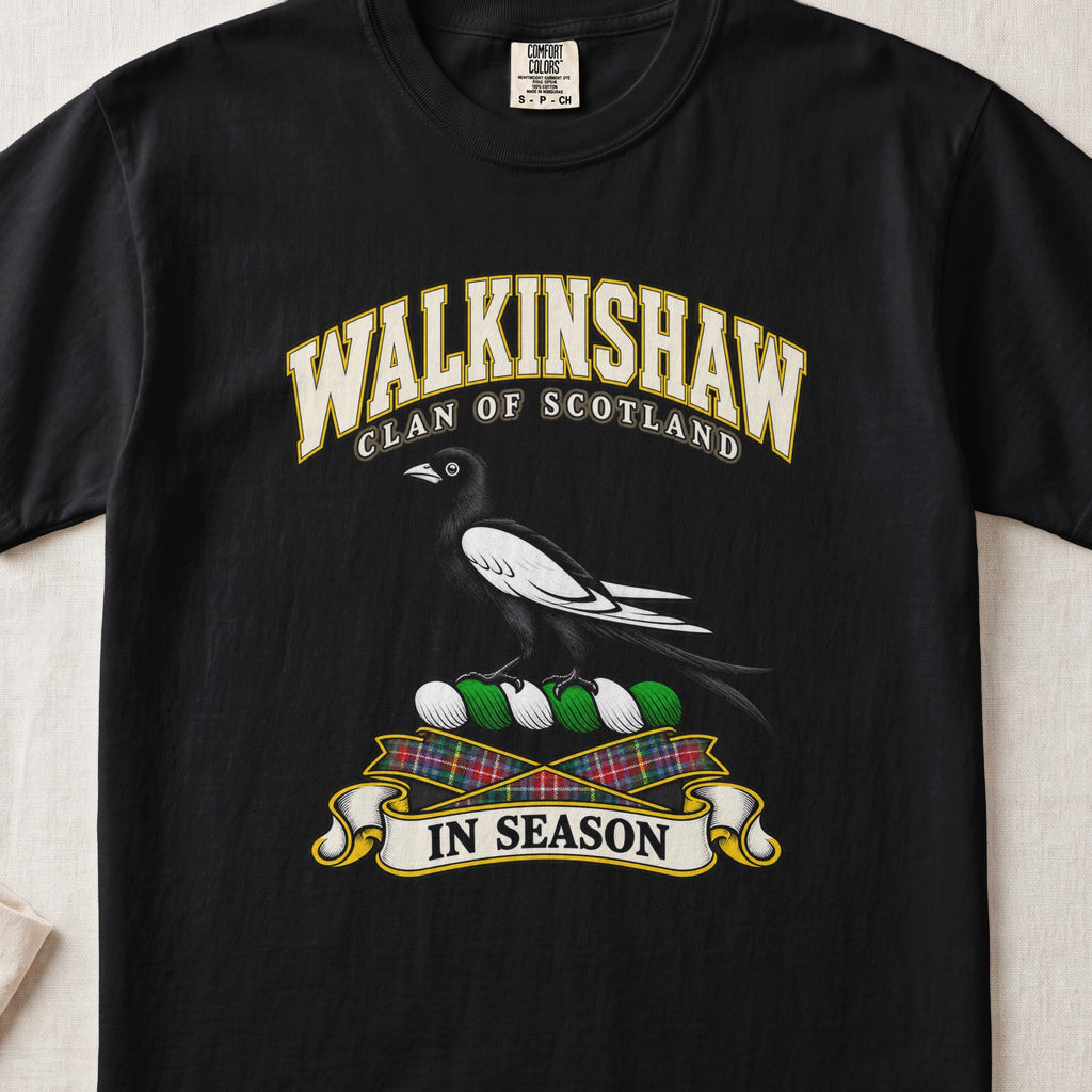 Walkinshaw Scottish clan T-shirt in Black, front view with a black and white magpie and motto design.