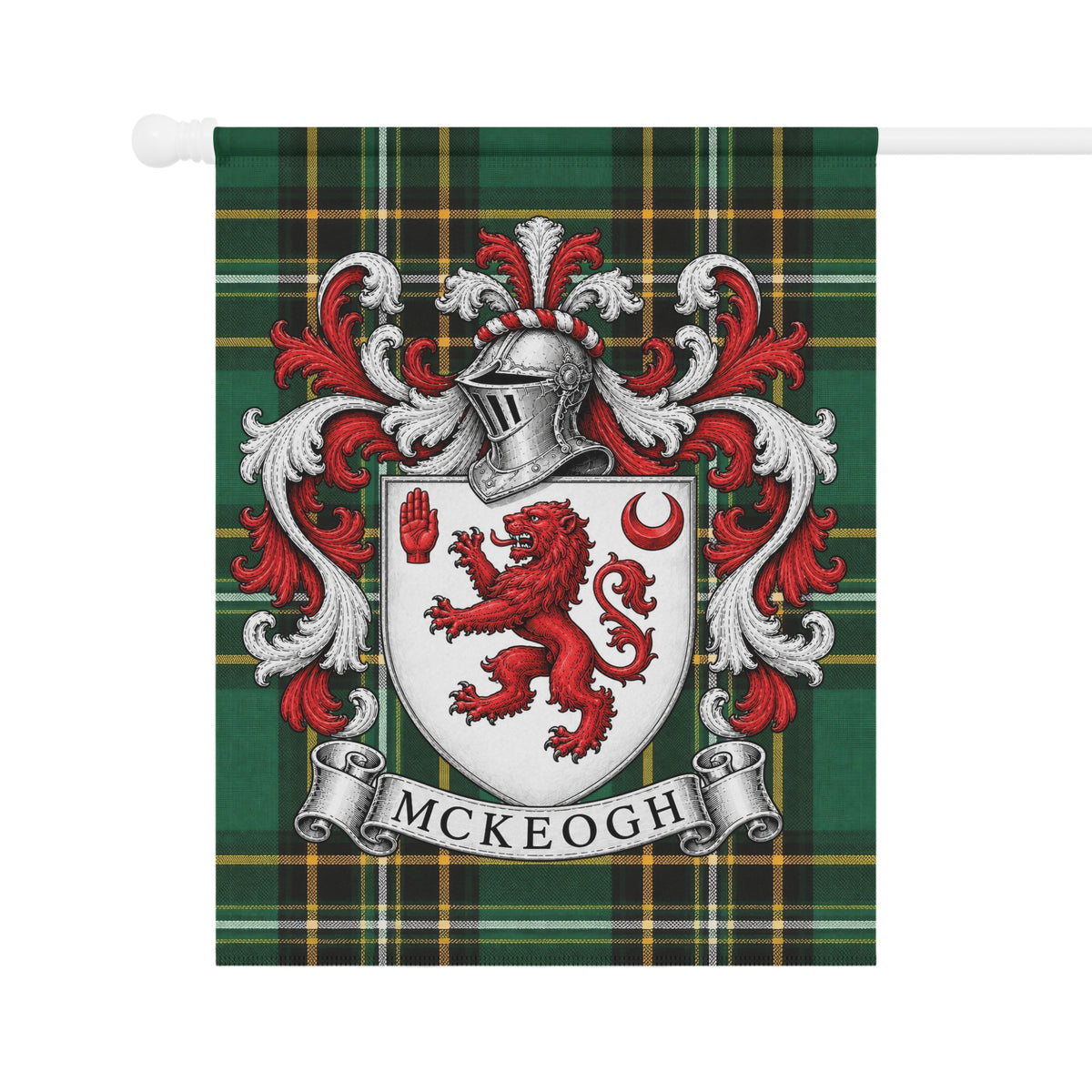 McKeogh family crest flag with Irish National Tartan heritage design
