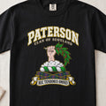 Paterson Scottish clan T-shirt in Black, front view with a hand emerging from clouds and holding a leafy branch and motto banner.