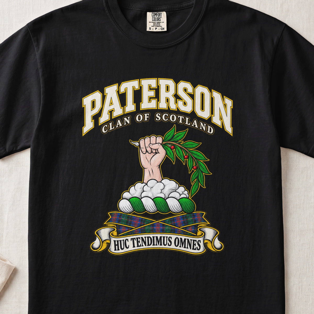 Paterson Scottish clan T-shirt in Black, front view with a hand emerging from clouds and holding a leafy branch and motto banner.