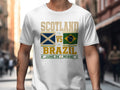 White t-shirt with "Scotland vs Brazil June 24 Miami" and flags.