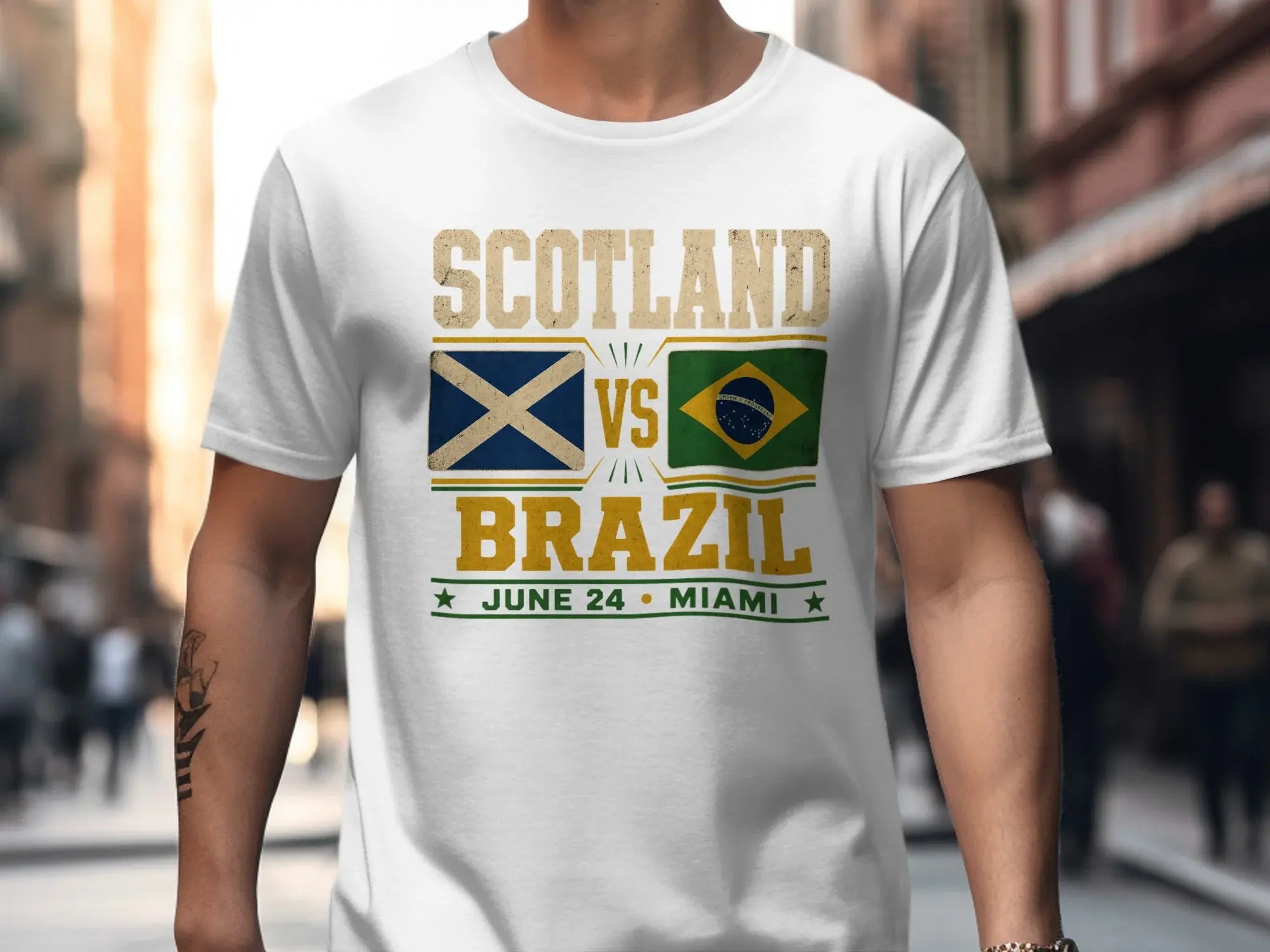 White t-shirt with "Scotland vs Brazil June 24 Miami" and flags.