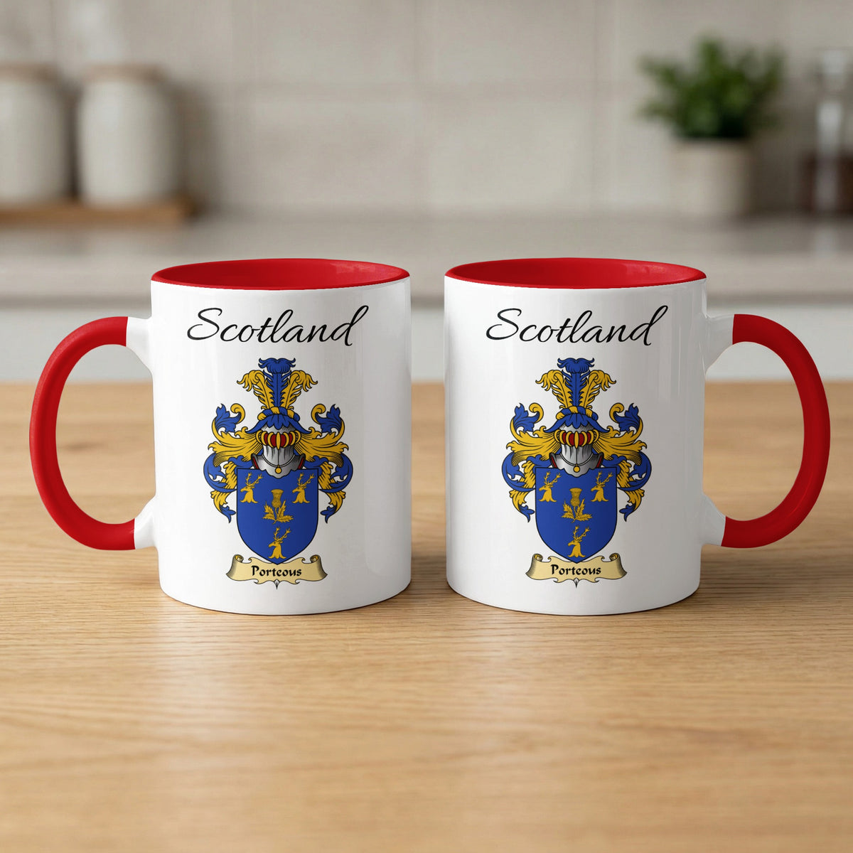 Red-accent Porteous Scottish family crest mugs with Scotland above the heraldic shield