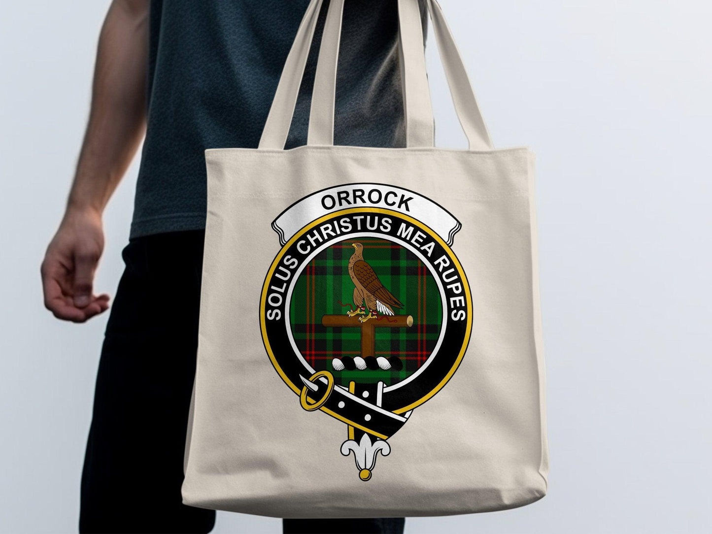 Orrock Clan Crest Solus Christus Mea Rupes Tote Bags - Celtic Ancestry Gifts