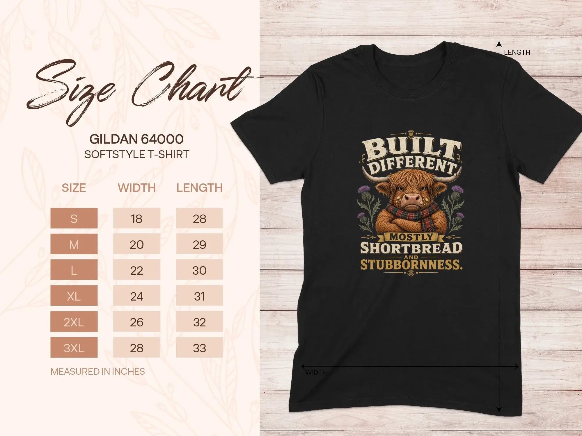 Gildan 64000 Softstyle t-shirt size chart with "Built Mostly Shortbread and Stubbornness" graphic.
