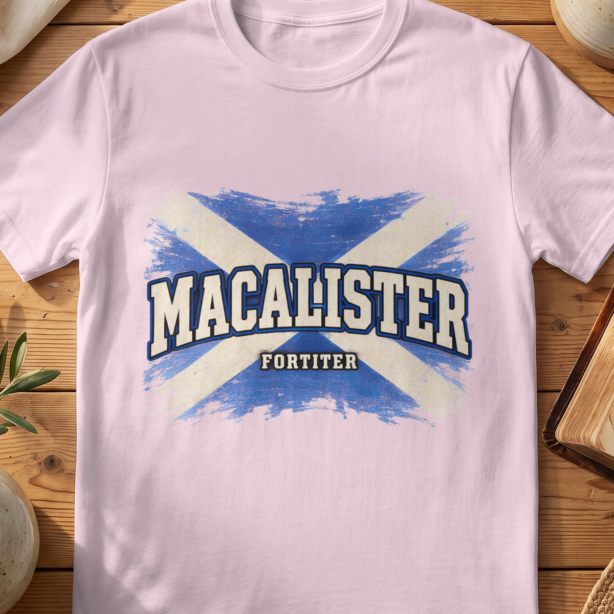 MacAlister Scottish Saltire T-shirt in Light Pink, with distressed blue and cream flag and “Fortiter” lettering.