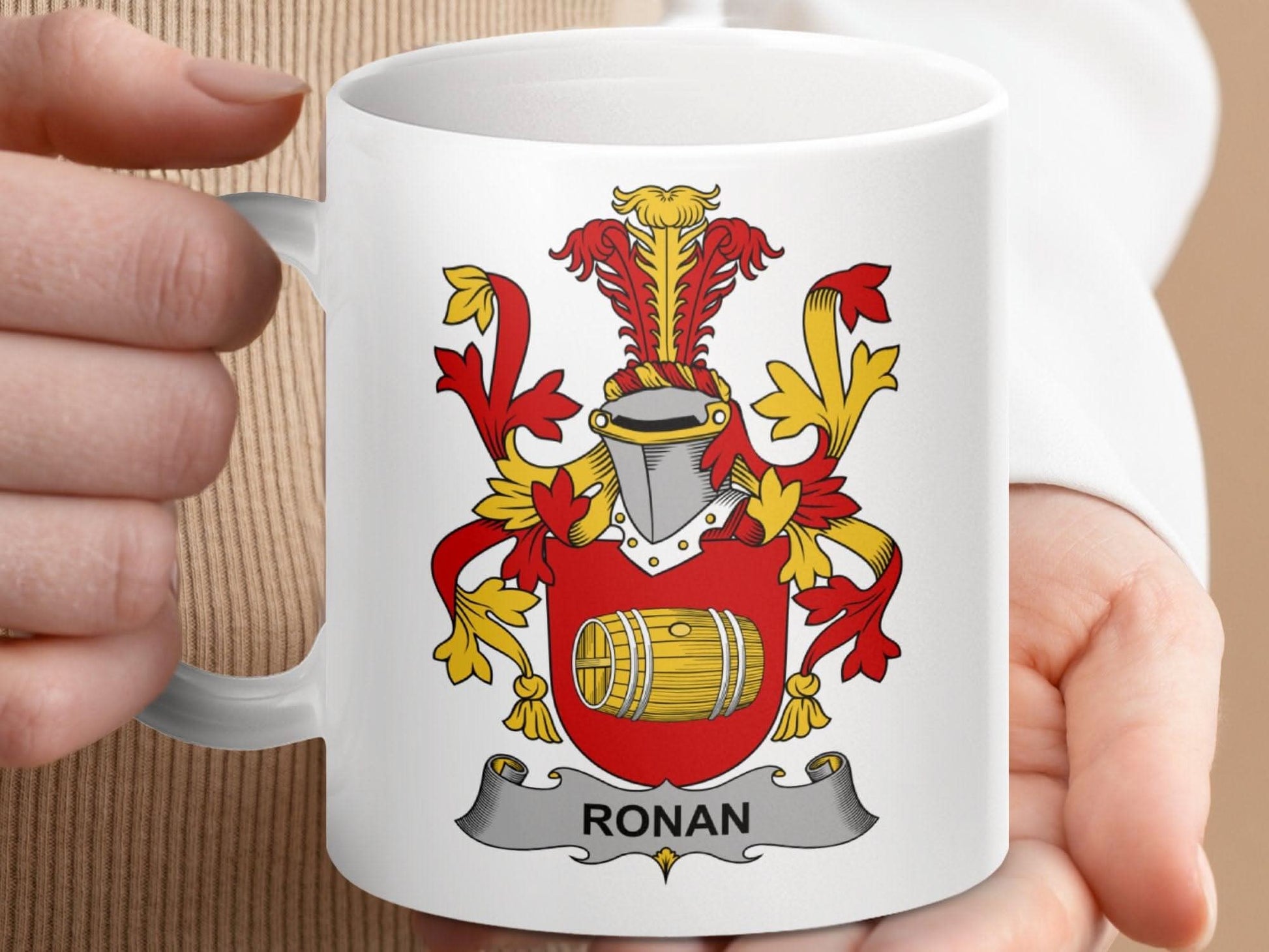 Ronan Family Crest Coat of Arms Shield Mug - Celtic Ancestry Gifts